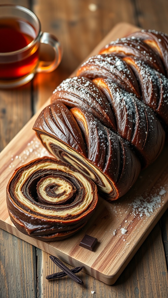 Sliced chocolate and tahini babka revealing rich chocolate filling, dusted with powdered sugar.
